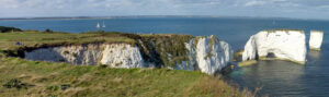 SZ0582 : Chalk cliffs and stacks at Handfast Point