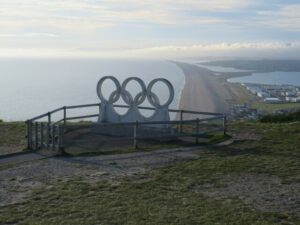 SY6873 : Olympic Rings overlooking Chesil Beach